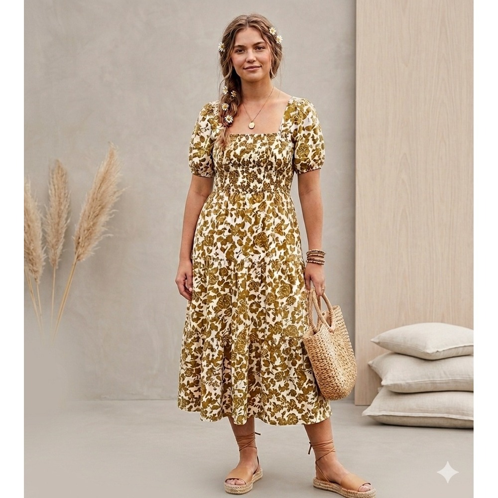 Sweet Wanderer Dress Womens L Olive Green Floral Smocked Tiered Midi Cottagecore